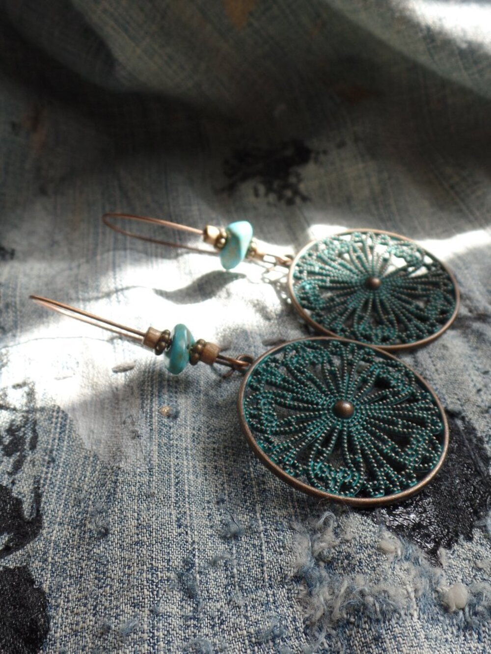 Copper Beaded Turquoise Color Filagree Earrings NWOT - Picture 3 of 4